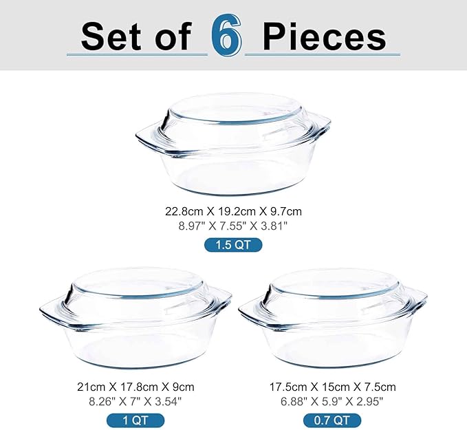 Set of 6 Pieces Round Tempered Glass Casserole Dish with Lids, Glass Casserole Baking Dish Set for Oven, Freezer and Dishwasher Safe - 0.7QT+1QT+1.5QT