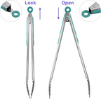 304 Stainless Steel Kitchen Cooking Tongs, 14" and 16" Set of 2 Sturdy Grilling Barbeque Brushed Locking Food Tongs with Ergonomic Grip, Aqua Sky