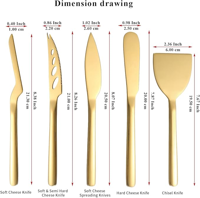 Berglander Gold Cheese Knife Set of 5 for All Types of Cheese, Golden Titanium Plating Cheese Cutter Slicer Ergonomic Design for Confortable Grip and Cut, Butter Spreader Knife