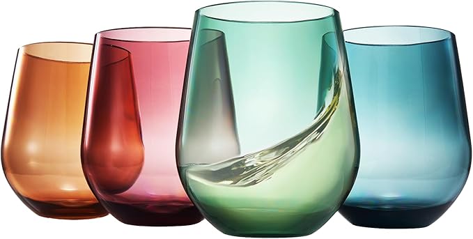Tritan BPA-Free Plastic Shatterproof Stemless Wine Glasses, - 4 Set - Acrylic Glass Drinkware, Unbreakable Colored, Reusable, Dishwasher Safe, All Purpose Glassware 15oz - Tumblers, Indoor and Outdoor