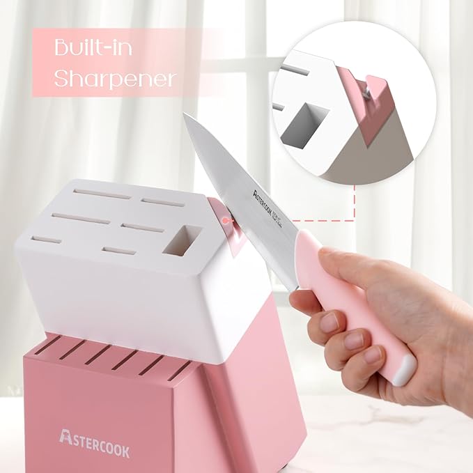 Astercook Knife Set, Kitchen Knives Set with Block and Sharpener 15 Pcs German Stainless Steel Knives Sharp Blade Dishwasher Safe Deba Knives with Ergonomic Handle, Crystal Pink