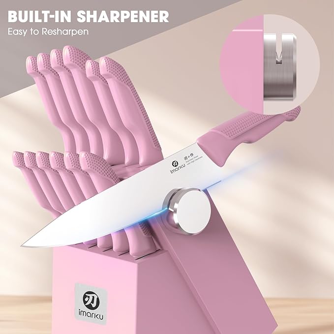 imarku Knife Set with Block, Sharp Knife Set with Built-in Sharpener, Japanese Stainless Steel Kitchen Knife Set with Non-Slip Ergonomic Handle, Dishwasher Safe, Valentine's Day Gifts, 14 PCS, Pink