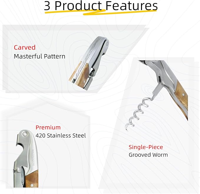 Wine Key & Corkscrew Wine Opener–3-in-1 with Foil Cutter and Bottle Opener, Professional Double Hinged Waiter's Corkscrew for Servers and Bartenders