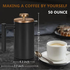 Black Large French Press Coffee Maker 50oz, Double Wall Insulated French Press Stainless Steel,for Coffee&Tea,with 3 Extra Screens and a Coffee Spoon, 50oz/1500ml, Gold