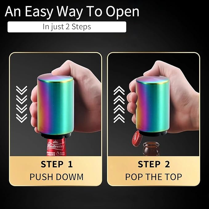 Beer Bottle Opener Destapadores de Cerveza Automatic Bottle Opener Bottle Cap Opener, Down-Pop Off Beer Bottle Opener with Magnetic Cap Catcher, Cool Bartender Tools, Men Beer Gift （Color）