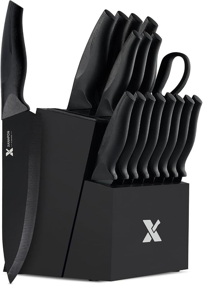 XANAPON 19-Piece Black Kitchen Knife Set with Block and Built-in Sharpener, High Carbon Stainless Steel Chef Knives Set for Kitchen with 8 Steak Knives, Ergonomic Handles, Perfect Housewarming Gift