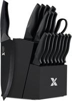 XANAPON 19-Piece Black Kitchen Knife Set with Block and Built-in Sharpener, High Carbon Stainless Steel Chef Knives Set for Kitchen with 8 Steak Knives, Ergonomic Handles, Perfect Housewarming Gift