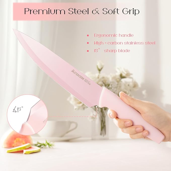 Astercook Knife Set with Block and Sharpener, 22 Piece Kitchen Knife Set Dishwasher Safe, Space-Saving Clear Knife Block with Knives for Everyday Home Cooking Pink