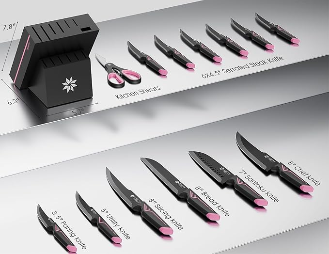 Knife Set - 15 PCS Kitchen Knife Set with Built-in Knife Sharpener Block - Stainless Steel Knife Block Set - Dishwasher Safe, Elegant Box for Her Women Wife, Valentines Day, Pink
