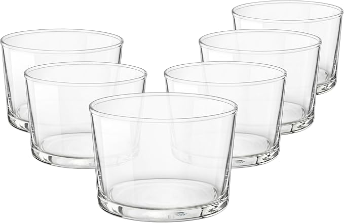 Bormioli Rocco Bodega Mini Tumblers, Set of 6-7.5 Oz Clear Tempered Glass Cups for Water, Wine, Juice & Cocktails - Stackable Small Drinking Glassware for Kitchen & Bar Use
