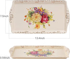 YOLIFE Ceramic Tea Serving Tray, Floral with Gold Leaves Trim Decorative Platter for Tea Party - 13.5 x 7.5 inch