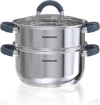 SUNHOUSE 3 Quarts Steamer Pots With Lid, 2-Tier Multipurpose Stainless Steel Steaming Pot Cookware With Stay-Cool Handles, Tri-ply Bottom, Compatible with All Cooktops