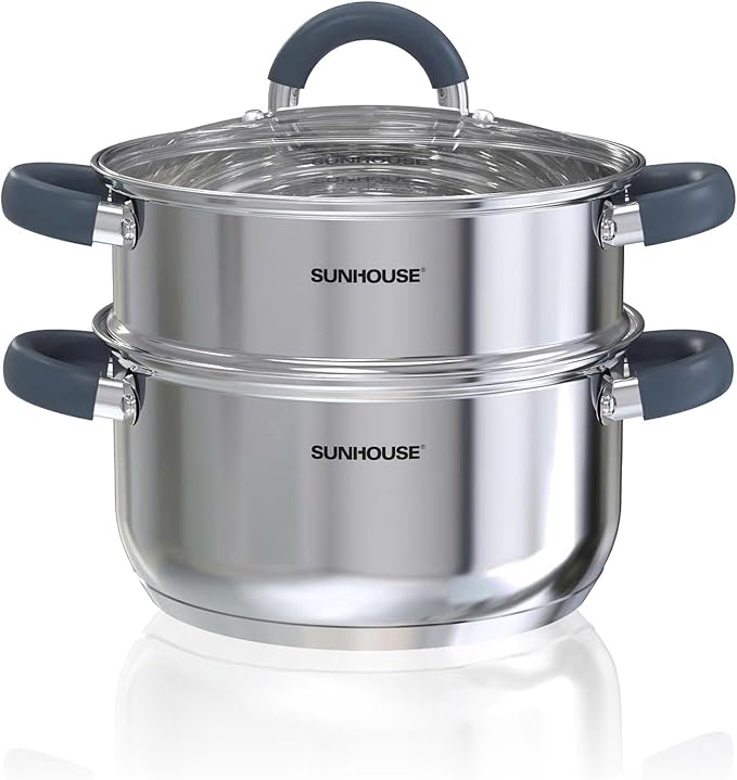 SUNHOUSE 3 Quarts Steamer Pots With Lid, 2-Tier Multipurpose Stainless Steel Steaming Pot Cookware With Stay-Cool Handles, Tri-ply Bottom, Compatible with All Cooktops