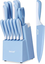 hecef 15 Pieces Kitchen Knife Set with Built-in Sharpening Wooden Block, Dishwasher Safe, High Carbon Stainless Steel Knife Block Set with Steak Knives, Kitchen Scissors, Blue