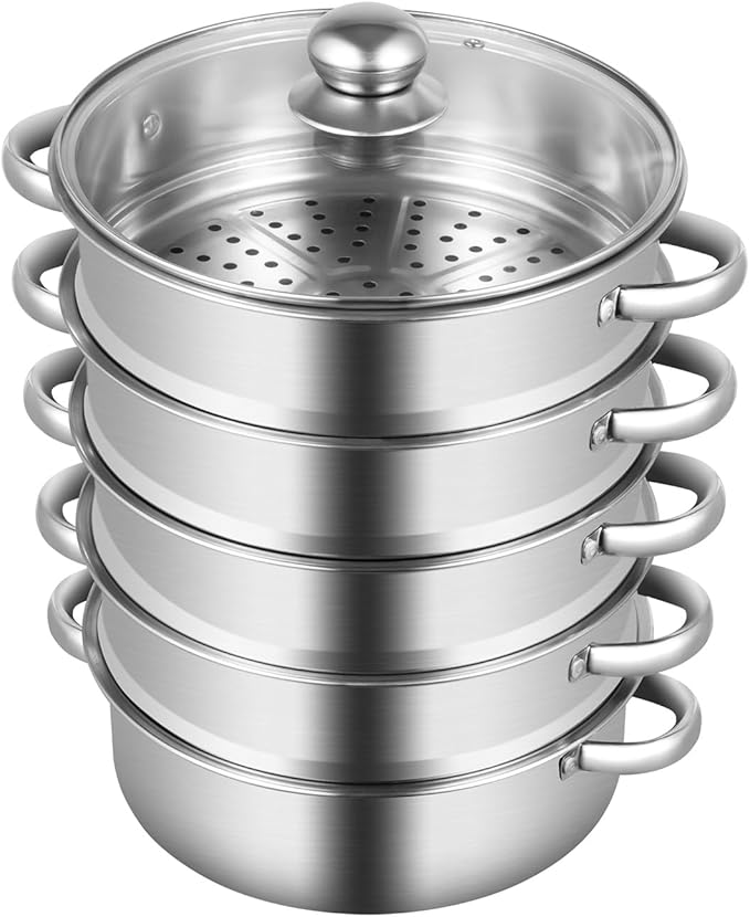 5-Tier Stainless Steel Steamer, 10.2 Inch Commercial Multi Tier Stainless Steel Cookware Pot Vegetable Meat Steamer Cooker Set w/Glass Lid for Steaming Shrimp & Miscellaneous Grains