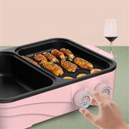 Electric Grill Indoor Hot Pot with Glass Lid & Removable Non-Stick Grill Plate,Separate Dual Temperature Contral, for 2-8 People Family Gathering Friend Meeting Party (pink)