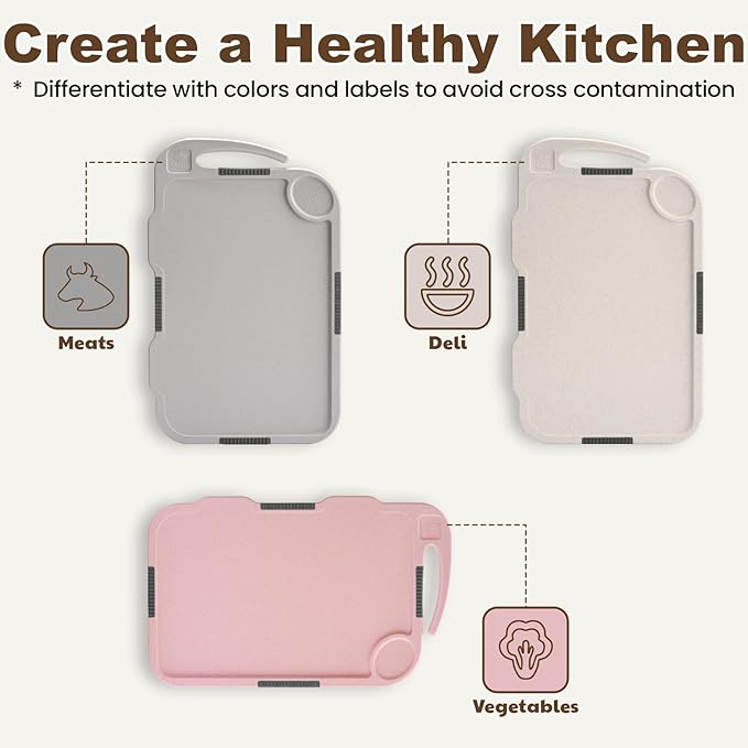Glotoch Cutting Boards for Kitchen Set of 3, Wheat Straw Chopping Board Dishwasher Safe, BPA Free, Non Slip, 16"X10" Colored Reversible Cutting Board with Stand, Food Icons, Grinder Plate