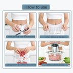 MEGAWISE Electric Food Processor, 800W Meat Grinder & Vegetable Chopper - 2 Bowls (3L Stainless Steel + 3L Glass) with 4 Blades, Dual-Speed Food Chopper for Meat, Fruits, Vegetables, and Nuts