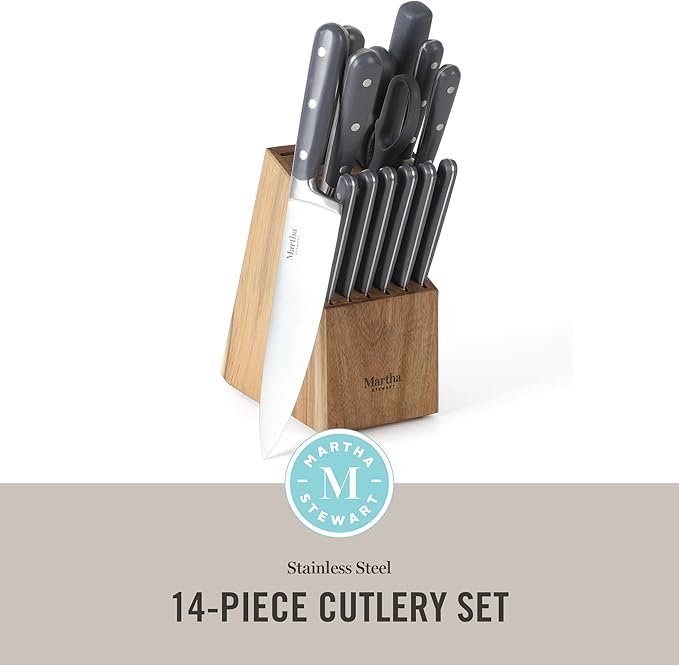 MARTHA STEWART Eastwalk 14 Piece High Carbon Stainless Steel Cutlery Knife Block Set w/ABS Triple Riveted Forged Handle Acacia Wood Block - Gray