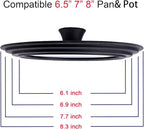 Universal Lid for Pots, Pans and Skillets - Tempered Glass with Heat Resistant Silicone Rim and Heat Resistant Handle Fits 6.5", 7" and 8" Diameter Cookware, Black