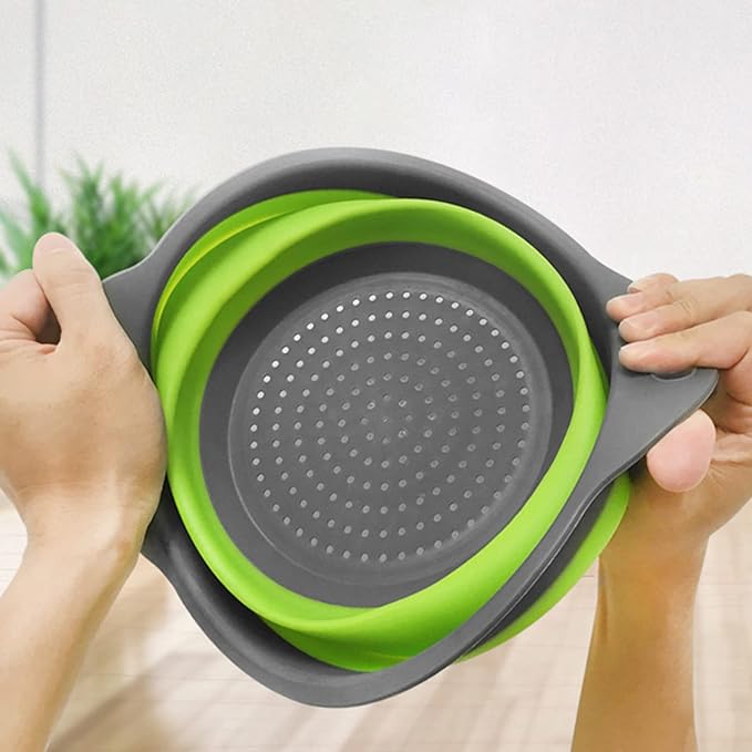 Collapsible Colander, Set of 2 Pcs Collapsible Strainer, Space-Saving Kitchen, Food-Grade Silicone Folding Strainer Colander with Handle, Green
