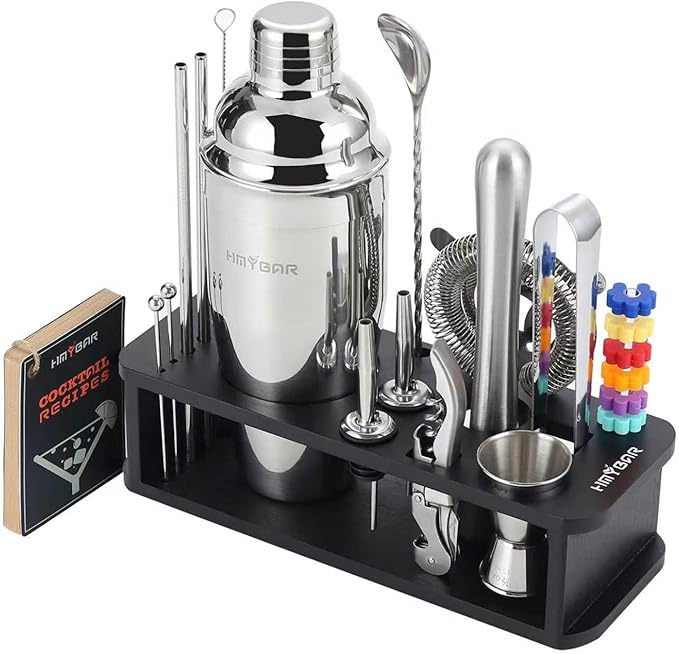 HMYBAR® 22-pc Cocktail Shaker Set(24oz/700ml) | Mixology Bartender Kit | Bar Tool Set | Martini Making Set with 39-Recipe Cocktail Cards & Kit's Deco, Bamboo Stand Black Color, Silver Tools