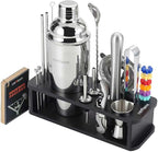 HMYBAR® 22-pc Cocktail Shaker Set(24oz/700ml) | Mixology Bartender Kit | Bar Tool Set | Martini Making Set with 39-Recipe Cocktail Cards & Kit's Deco, Bamboo Stand Black Color, Silver Tools