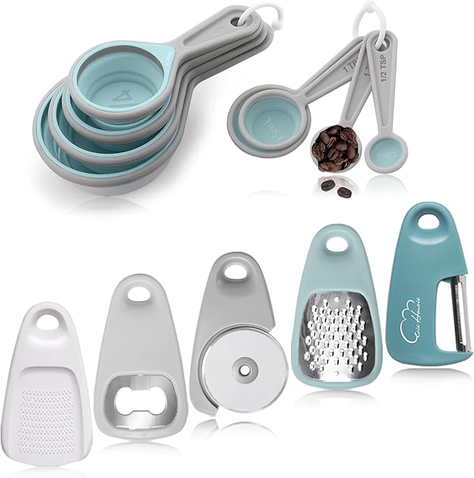 Kitchen Gadgets Set 13 Piece, Space Saving Cooking Tools Includes Cheese Grater, Pizza Cutter, Peeler, Bottle Opener, Garlic Grinder, Collapsible Measuring Cups Spoons for Small Kitchen RV Camp