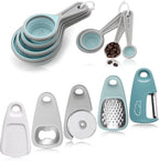 Kitchen Gadgets Set 13 Piece, Space Saving Cooking Tools Includes Cheese Grater, Pizza Cutter, Peeler, Bottle Opener, Garlic Grinder, Collapsible Measuring Cups Spoons for Small Kitchen RV Camp