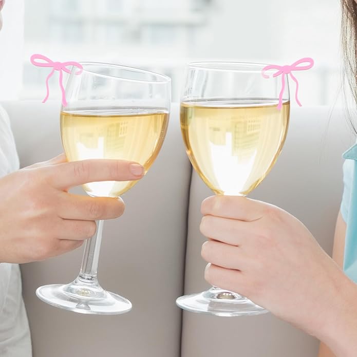 20 Pcs Pink Bow Drink Markers, Coquette Bow Wine Glass Charms, Bar Tools Bow, Acrylic Bow Knot Drink Tag for Wedding Engagement Bachelorette Birthday Tasting Party Decorations Accessory
