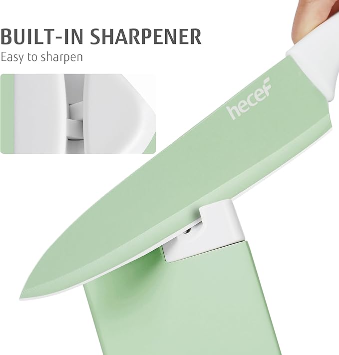 hecef 15 Pieces Kitchen Knife Set with Built-in Sharpening Wooden Block, Dishwasher Safe, High Carbon Stainless Steel Knife Block Set with Steak Knives, Kitchen Scissors, Green