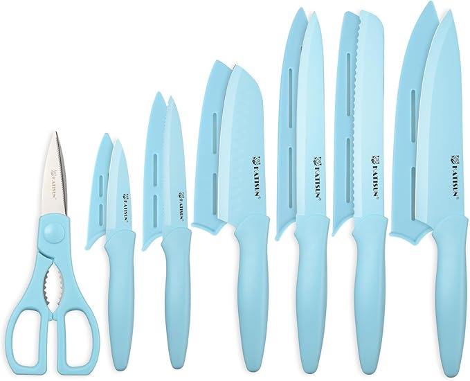 Kitchen Knife Set with Guards, 13 Piece Blue Non-Stick High Carbon Stainless Steel Boxed Knives Set, Anti-Rust and Dishwasher Safe, 6 Knives with 6 Blade Covers and Kitchen Shears