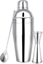 BARsics 24oz Stainless Steel Bar Cocktail Shaker, 1oz/2oz Jigger and 8" Mixing Spoon