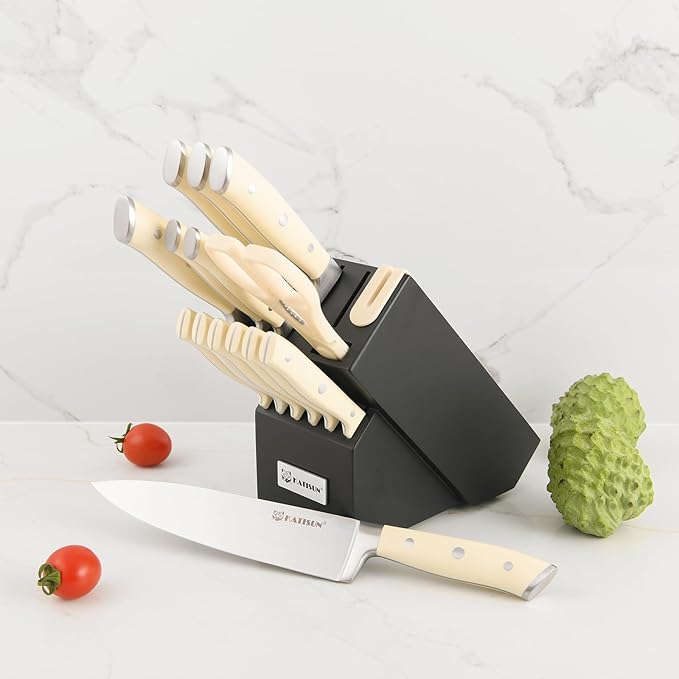 16 Pieces German Steel Knife Block Set, Extra-Long Creamy White Handles for Large Hands & Better Leverage, Professional Kitchen Knife Set with Sharpener & Shears, Modern Black Block