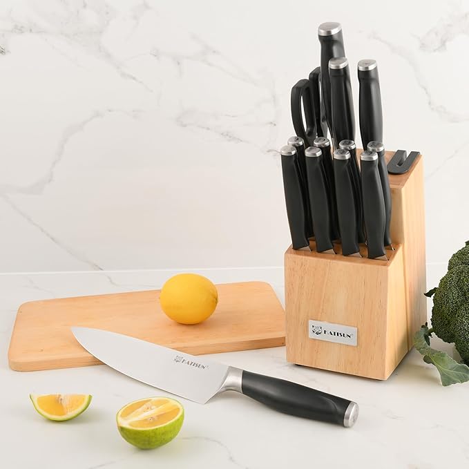 15-Piece Kitchen Knife Set with Block, ABS Ergonomic Handle for Chef Knife Set and Serrated Steak Knives Knife Sharpener and Kitchen Shears, Dishwasher Safe, Natural Block
