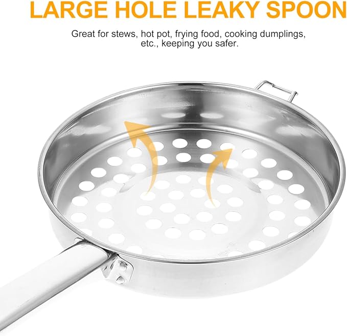 SHOWERORO Stainless Steel Flat Bottom Large Hole Strainer Spoon for Hot Pot Frying Cooking Dumplings 14.56X8.07X1.85 Inch Kitchen Colander with Mesh Filter