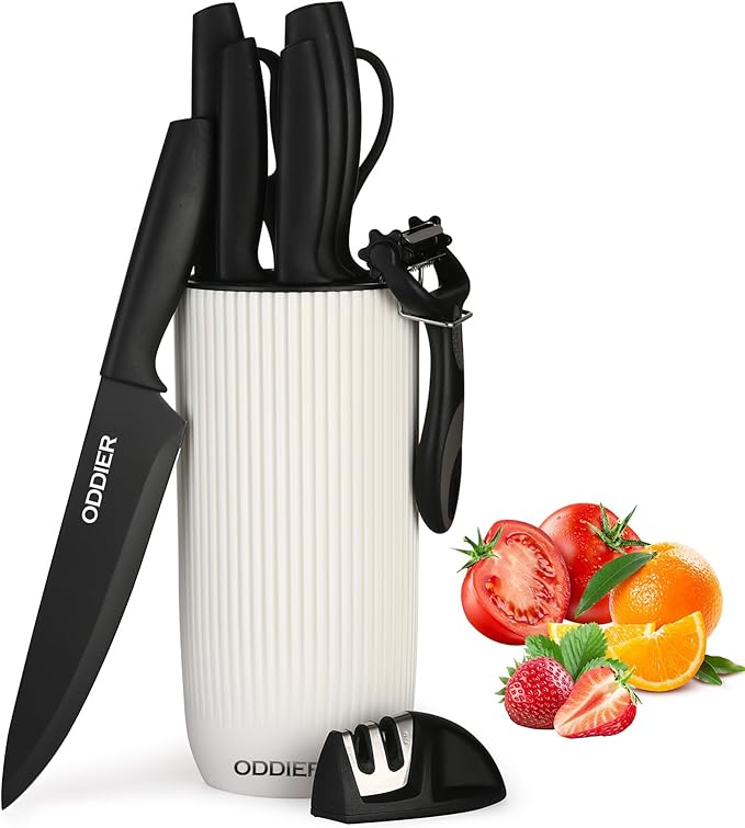 Knife Set, 10 Piece Kitchen Knife Set with Block and Sharpener, Anti-Rust Stainless Steel Knives Set for Kitchen, Chef Universal Knife Block Set, Dishwasher Safe, Ergonomical Design, White