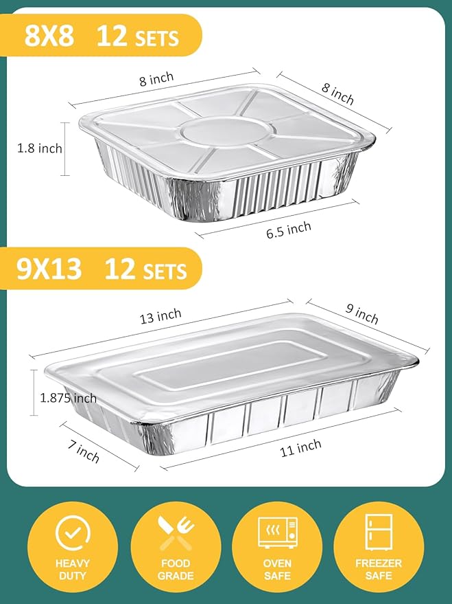 NEEBAKE 24 Pack Disposable Aluminum Pans with Lids Combo Set- 12 Large 9x13 Foil Pans Half Size & 12 Small 8x8 Tin Foil Baking Pans, Tin Trays Containers for Meal Prep, Food Cooking, Roasting, Heating