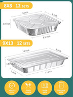 NEEBAKE 24 Pack Disposable Aluminum Pans with Lids Combo Set- 12 Large 9x13 Foil Pans Half Size & 12 Small 8x8 Tin Foil Baking Pans, Tin Trays Containers for Meal Prep, Food Cooking, Roasting, Heating