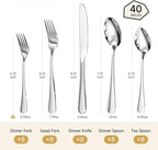 40-Piece Silverware Set for 8, 18/10 Stainless Steel Flatware Set, Heavy Duty Mirror Polished Cutlery Set, Dishwasher Safe Kitchen Utensils for Home Restaurant, Wedding Gift - HIKAA