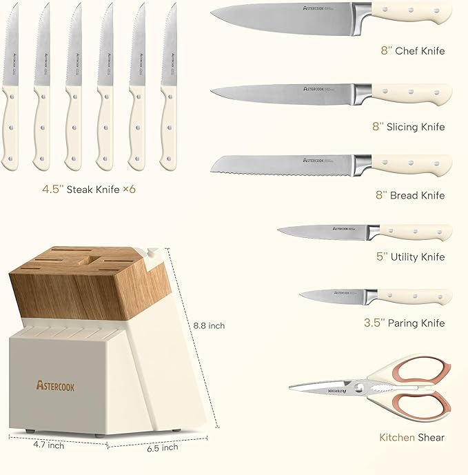 Knife Set,Astercook Kitchen Knife Set with Block 14-Piece Full Tang Stainless Steel Knives with Sharpener Dishwasher Safe and Anti-Slip Ergonomic Handle Valentine's Gift Utensils Set