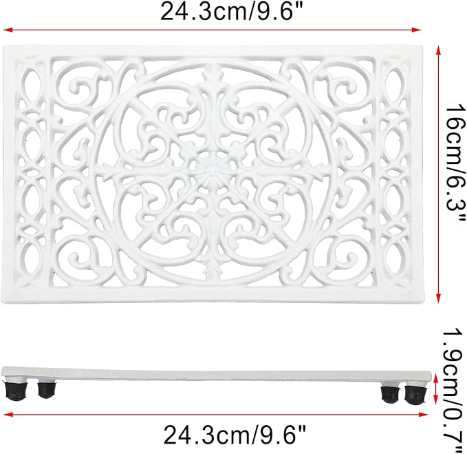 Sumnacon 2 Pack Rectangle Cast Iron Trivets, Rustic Iron Hot Dish Plate Trivet for Kitchen Countertop Dining Table (White, 9.6 x 6.3 Inch)