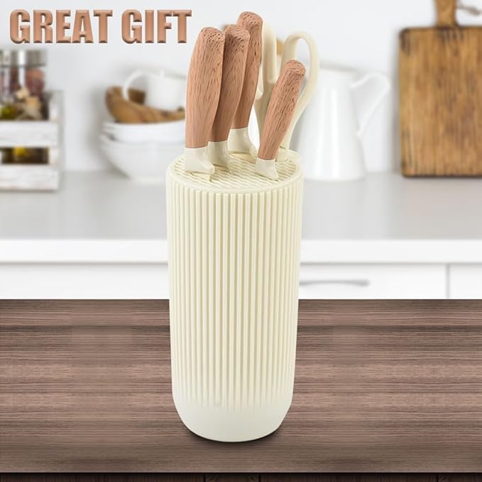 Knife Set, Wiztoynia 6-Piece Beige Kitchen Knife Set for Home, Anti-Rust Non-stick Stainless Steel Sharp Chef Knife Set with Universal Knife Block for Kitchen, Ergonomical Design (Beige)
