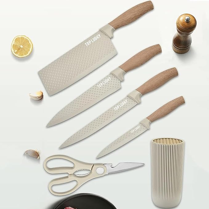 Knife Set, 6 Pieces Professional Kitchen Knife Set with Universal Knife Block, Super Sharp Knife Block Set with Ergonomic Handle Non-stick Stainless Steel Knife Block Set (Khaki)