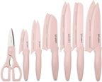 Kitchen Knife Set with Guards, 13 Piece Pink Non-Stick Boxed Knives Set, Anti-Rust and Dishwasher Safe, 6 Knives with 6 Blade Covers and Kitchen Shears