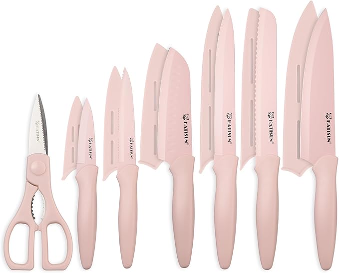 Kitchen Knife Set with Guards, 13 Piece Pink Non-Stick Boxed Knives Set, Anti-Rust and Dishwasher Safe, 6 Knives with 6 Blade Covers and Kitchen Shears