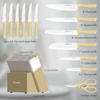 Astercook Kitchen Knife Set with Block and Sharpener 15 Piece Knives Set German High Carbon Stainless Steel Knives Sharp Blade Dishwasher Safe Deba Knives with Ergonomic Handle
