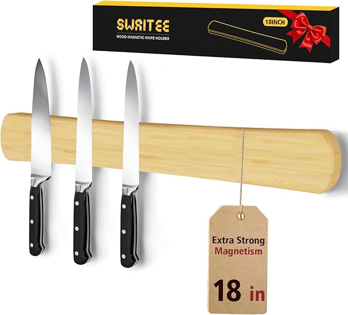 Swaitee Magnetic Knife Holder for Wall, 18 Inch Large Bamboo Knife Magnetic Strip, Housewarming Gifts for New Home, Kitchen Wall Storage Space Savers, Farmhouse Kitchen Utensil Organizer Essentials