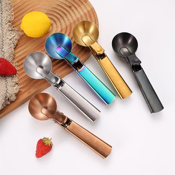 Ice Cream Scoop, 2Pcs Stainless Steel Rose Gold Cookie Scoop with Trigger Melon Baller Scooper Cones, Specialty Tools and Gadgets, Ice Cream Spoon Food Scoop for Frozen Yogurt Sundaes Fruit Cookie