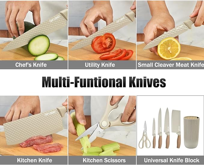Knife Set, Wiztoynia 6-Piece Khaki Kitchen Knife Set for Home, Anti-Rust Non-stick Stainless Steel Sharp Chef Knife Sets with Universal Knife Block for Kitchen, Ergonomical Design (Khaki)